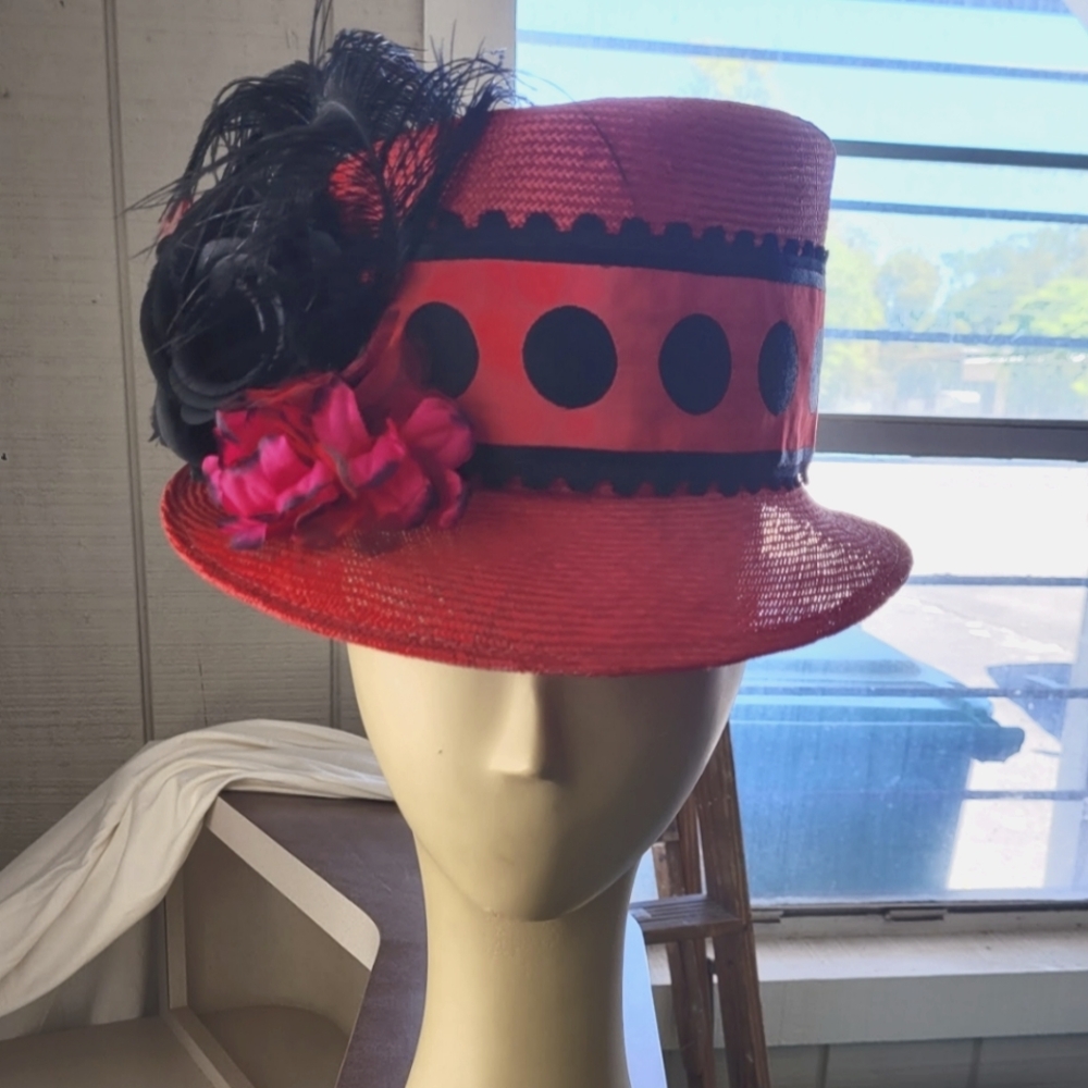 Elegant Red Women's Hat with Black and Pink Accents Fleur De Paris New Orleans